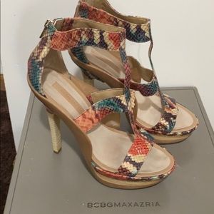 BCBG multicolored snake print sandals